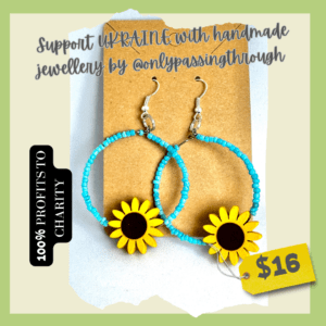 Sunflower bead hoop earrings in colours of Ukrainian flag