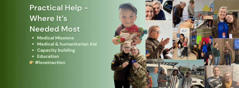 Collage of volunteers helping others with a green gradient left panel reading 'Practical Help – Where It’s Needed Most'.