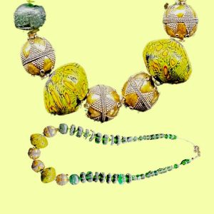 vintage glass, metal, green necklace