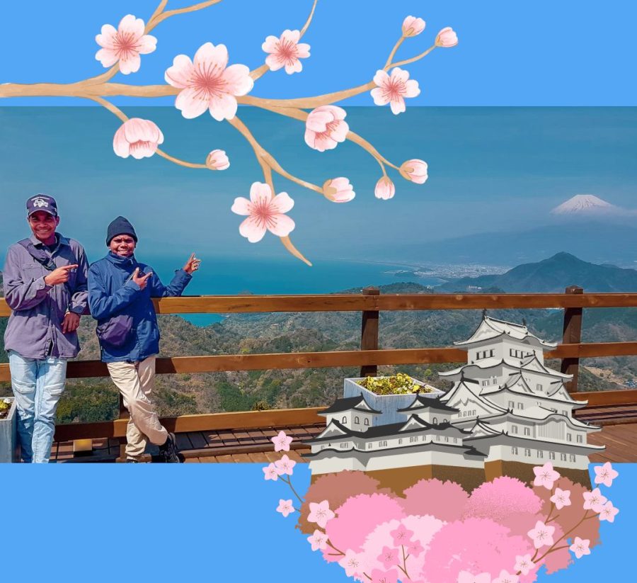 two boys in front of Mt Fuji in their journey to japan