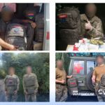 Soldier in camouflage sits in a vehicle holding a large tactical backpack with other backpacks nearby. Faces blurred for privacy.