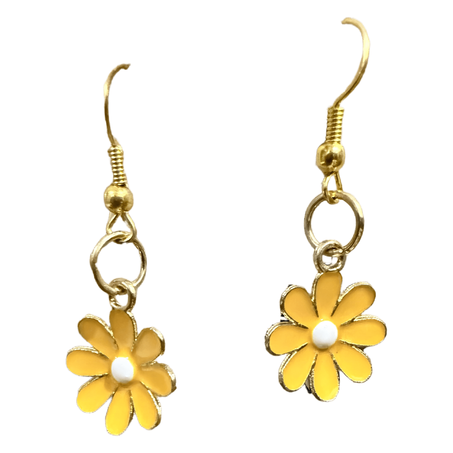 9b75b015-fd2f-4e9a-a0d2-40bb53b19faf Gold-tone drop earrings featuring yellow daisy charms on hook wires, with small white centers.