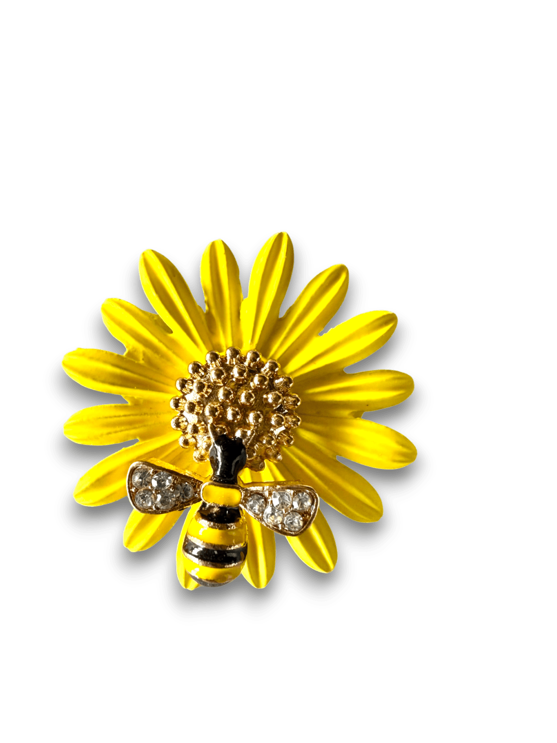 Decorative jewelry pin showing a yellow sunflower with a jeweled bee at the center and wings adorned with crystals