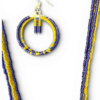 Beaded circular hoop in yellow and blue with a hanging skeletal charm, set against a black background.