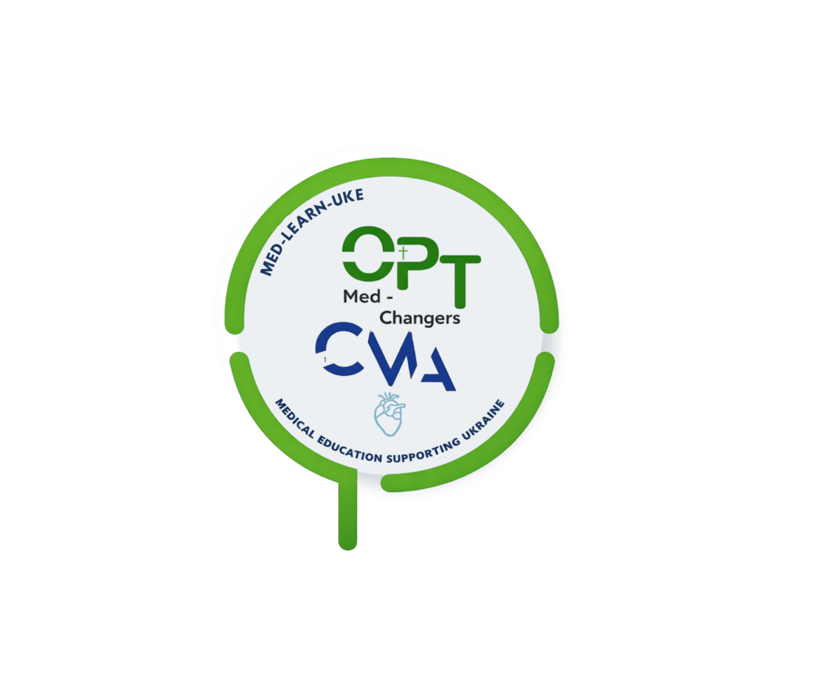 Circular badge logo for Med-Changers with a green ring and 'Medical Education Supporting Ukraine' around the edge, plus a small heart icon in the center.