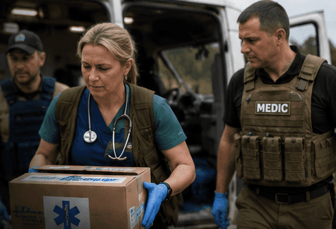 Medical team preparing aid for Ukraine