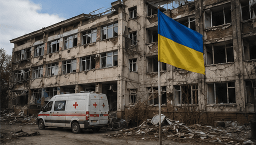 Ambulance near a war-damaged building in Ukraine