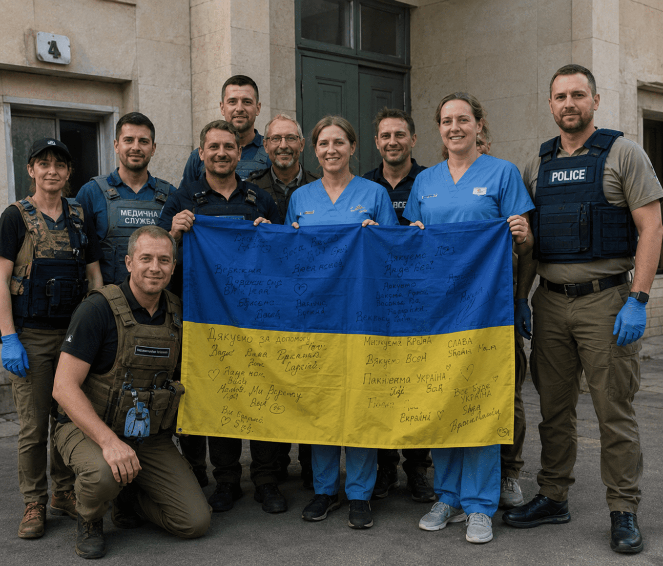 Ukraine medical and volunteer team holding Ukrainian flag