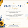 Certificate of Donation with blue and gold border, sunflowers on the left, and a Ukraine map on the right; heading reads 'CERTIFICATE Of Donation'