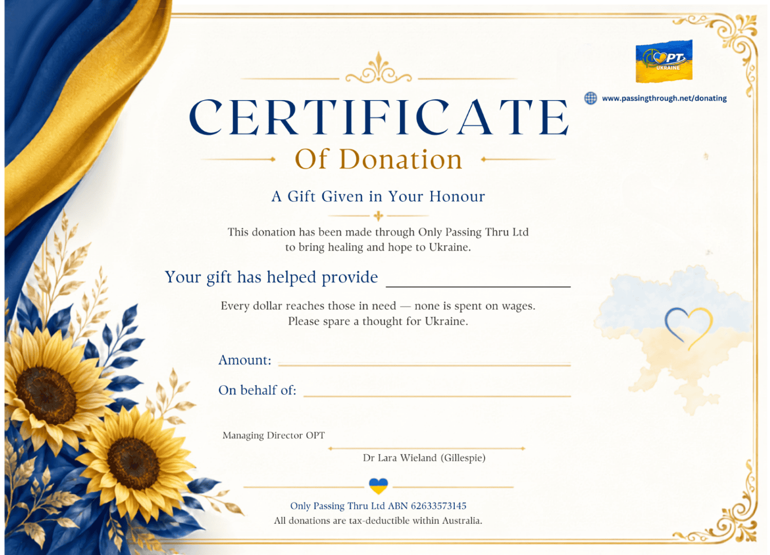 Certificate of Donation with blue and gold border, sunflowers on the left, and a Ukraine map on the right; heading reads 'CERTIFICATE Of Donation'