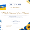 Certificate of Donation graphic with blue-yellow Ukrainian logo and ornate sunflower borders, titled 'CERTIFICATE OF DONATION' and 'A Gift Given in Your Honour'.
