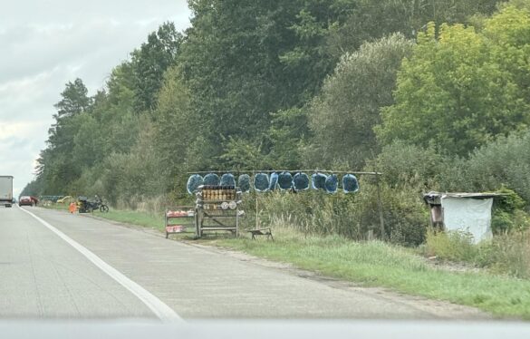 Roadside market by the highway with blue sacks hanging on a line and crates of produce on a rack.