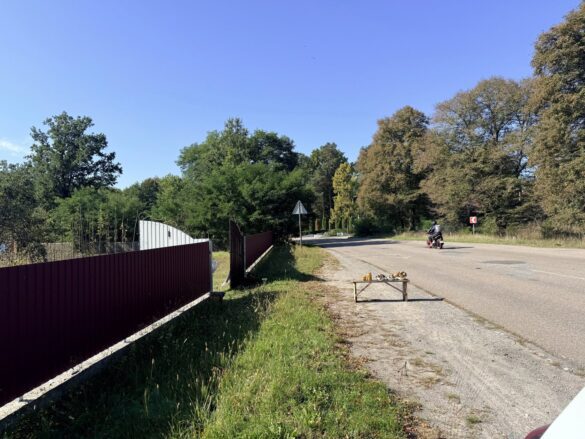Rural road scene with a motor scooter riding away on a sunny day, trees lining the road and a wooden table with objects on the gravel verge.