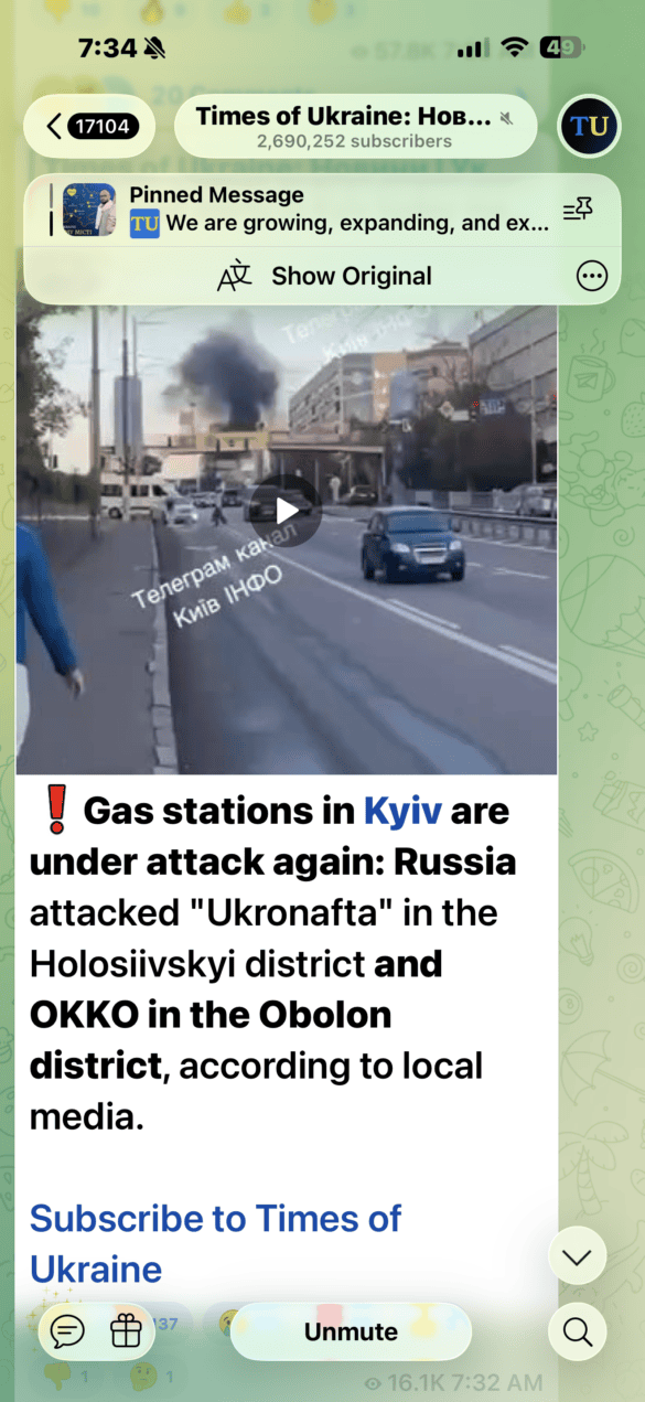 Telegram channel post with a video thumbnail of a Kyiv street and smoke, headline reads: "Gas stations in Kyiv are under attack again"