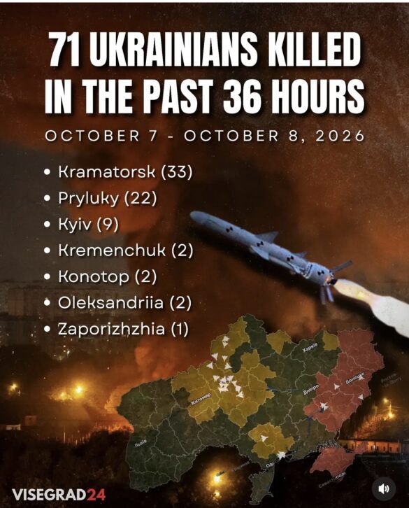 Screenshot News graphic reporting 71 Ukrainians killed in past 36 hours, Oct 7–8, 2026, with a bullet list of cities over a burning map of Ukraine.
