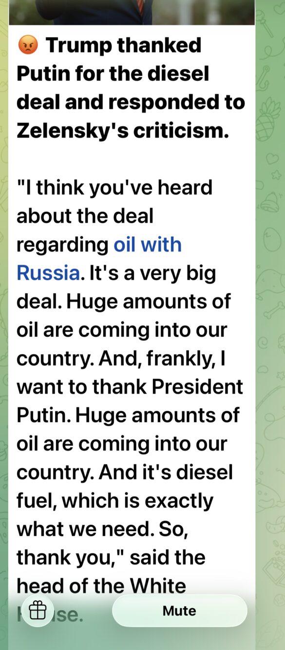 Screenshot Screenshot of a news article headline about Trump thanking Putin for a diesel deal with Russia, with an angry emoji at the top.