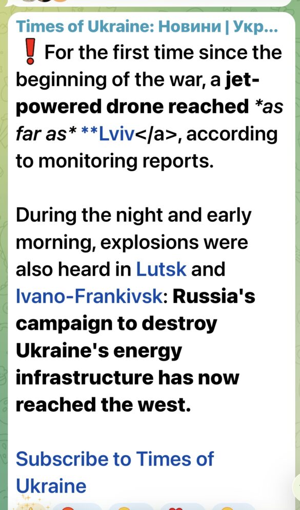 Screenshot News-style message claiming a jet-powered drone reached Lviv and explosions were heard in Lutsk and Ivano-Frankivsk; Russia's campaign to destroy Ukraine's energy infrastructure.