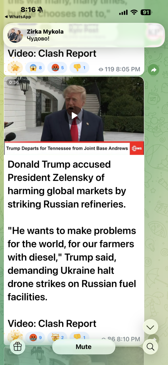 IMG_8331 WhatsApp-style chat card showing a video article titled 'Donald Trump accused President Zelensky of harming global markets by striking Russian refineries' with a Trump speaking image.