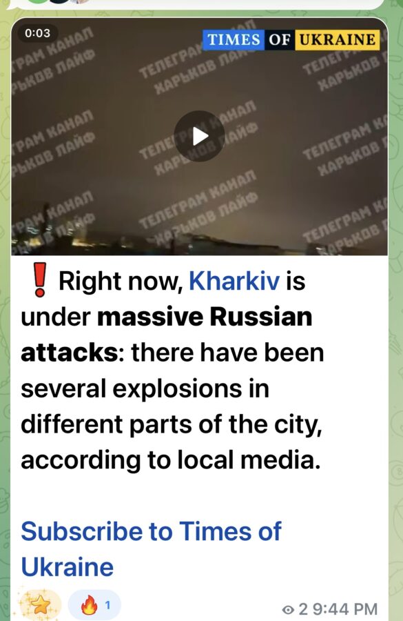 Screenshot Video thumbnail from Times of Ukraine announcing massive Russian attacks on Kharkiv with explosions reported in various parts of the city; subscribe prompt visible.