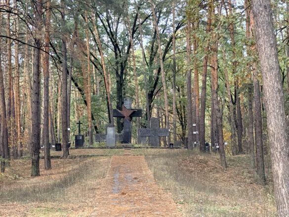 IMG_8900 Dirt path through a pine forest leads to a cluster of gray gravestones and crosses in a small cemetery.